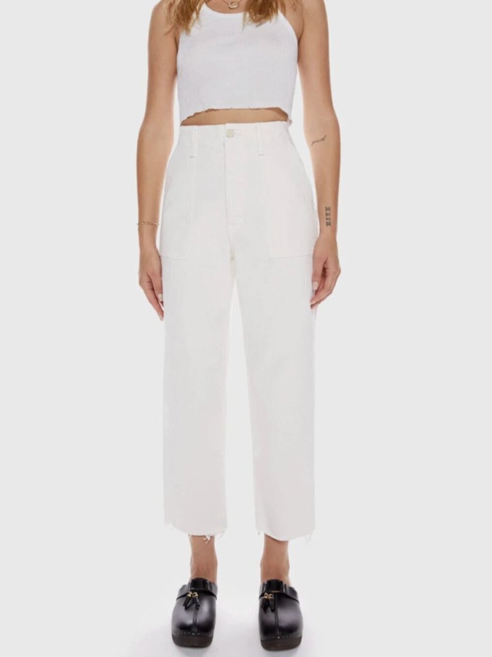 MOTHER THE PATCH POCKET PRIVATE ANKLE FRAY JEANS IN CREAM PUFFS WASH, 30